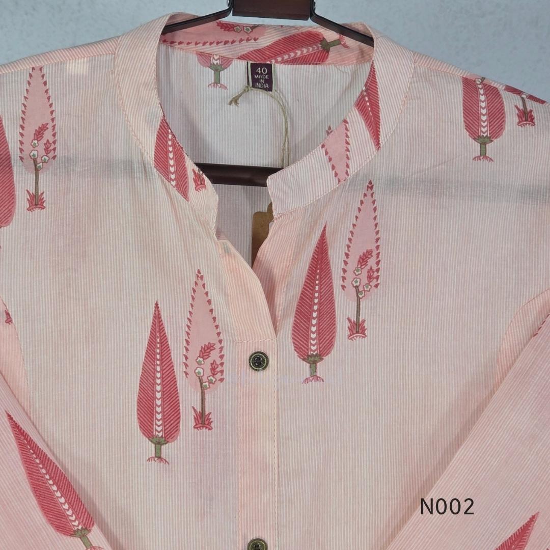 Soft peach cotton printed A-line button-front kurta with pink botanical motifs and matching wide-leg palazzo trousers. - view 7