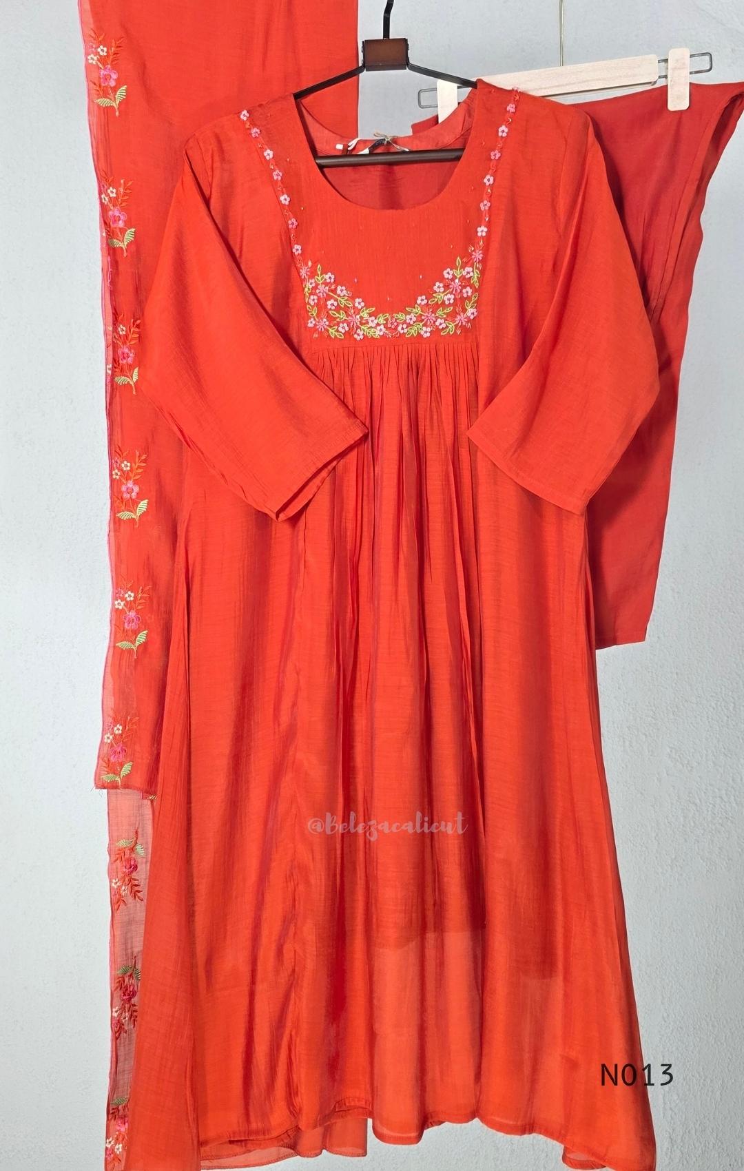 Vermilion-orange Mul Chanderi floral churidar set with a matching dupatta and straight-leg bottom. - view 2