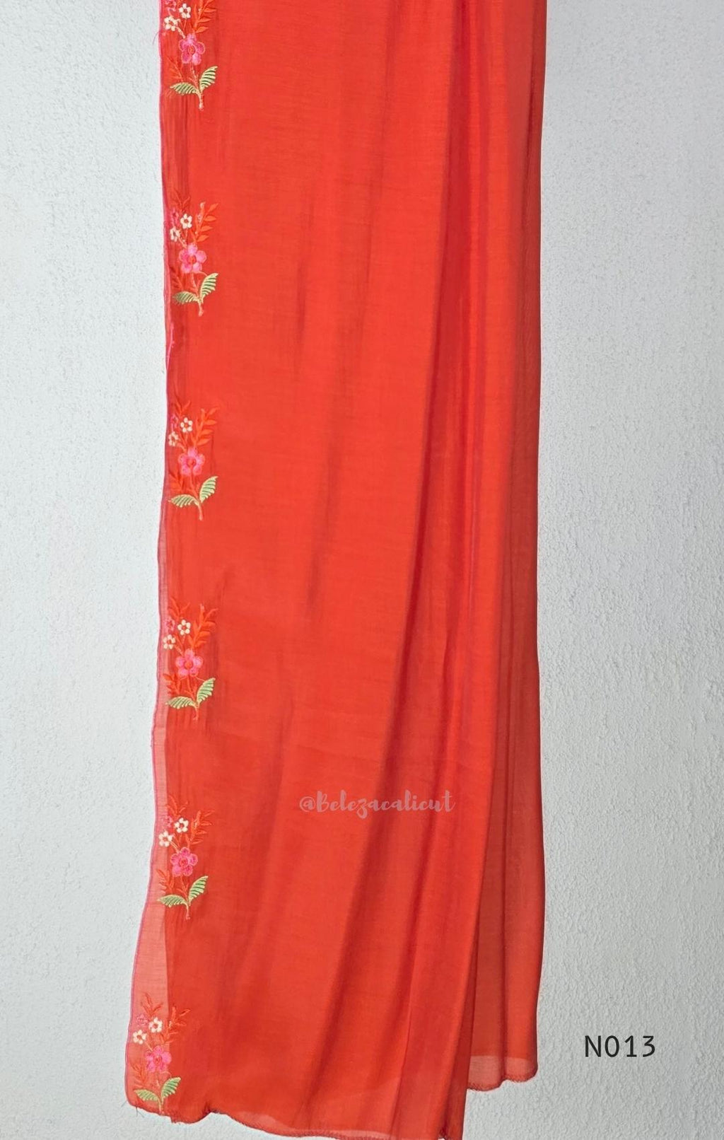 Vermilion-orange Mul Chanderi floral churidar set with a matching dupatta and straight-leg bottom. - view 5