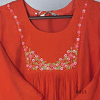 Vermilion-orange Mul Chanderi floral churidar set with a matching dupatta and straight-leg bottom. - view 6