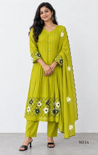 Yellow-toned lime green Mul Chanderi three-piece churidar set with a pleated V-neck kurta, floral and lattice embroidery, straight pants and a floral dupatta.