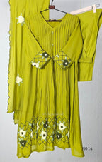 Yellow-toned lime green Mul Chanderi three-piece churidar set with a pleated V-neck kurta, floral and lattice embroidery, straight pants and a floral dupatta. - view 2