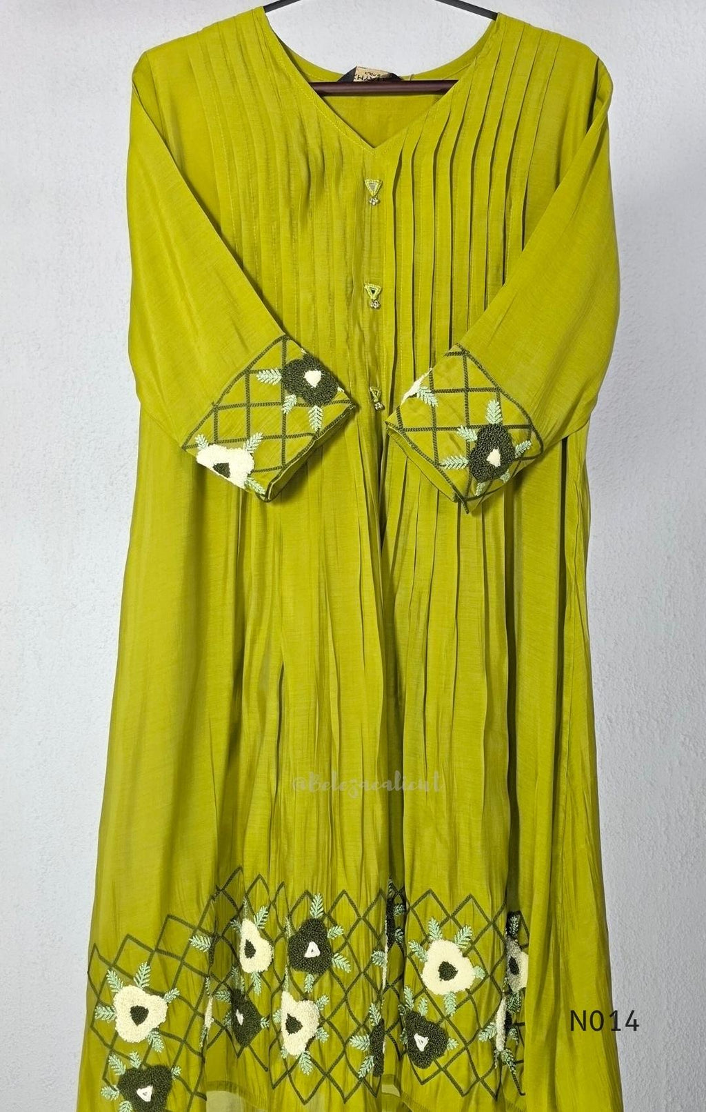 Yellow-toned lime green Mul Chanderi three-piece churidar set with a pleated V-neck kurta, floral and lattice embroidery, straight pants and a floral dupatta. - view 3