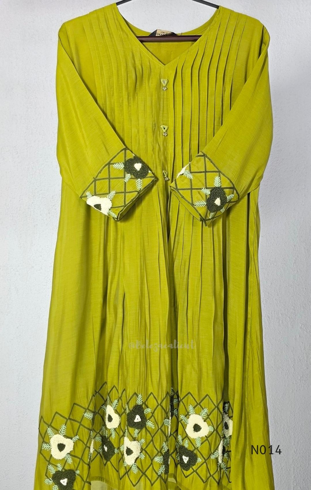 Yellow-toned lime green Mul Chanderi three-piece churidar set with a pleated V-neck kurta, floral and lattice embroidery, straight pants and a floral dupatta. - view 3