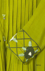 Yellow-toned lime green Mul Chanderi three-piece churidar set with a pleated V-neck kurta, floral and lattice embroidery, straight pants and a floral dupatta. - view 4