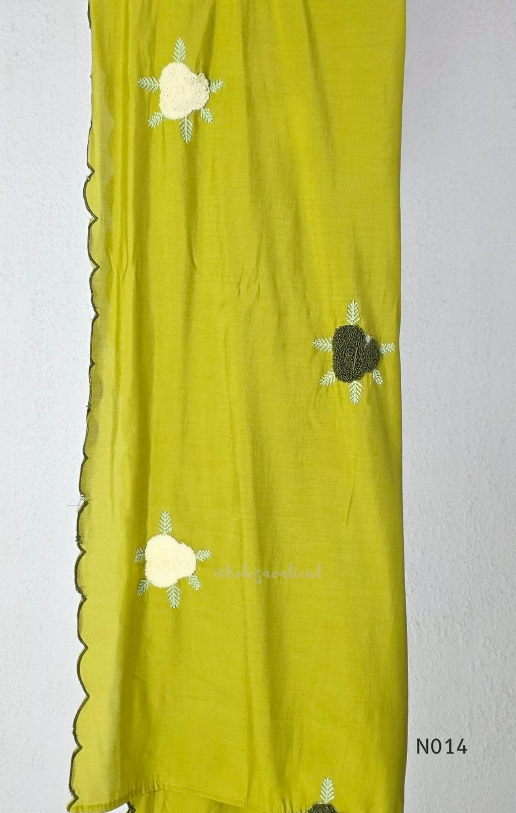 Yellow-toned lime green Mul Chanderi three-piece churidar set with a pleated V-neck kurta, floral and lattice embroidery, straight pants and a floral dupatta. - view 5