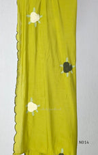 Yellow-toned lime green Mul Chanderi three-piece churidar set with a pleated V-neck kurta, floral and lattice embroidery, straight pants and a floral dupatta. - view 5