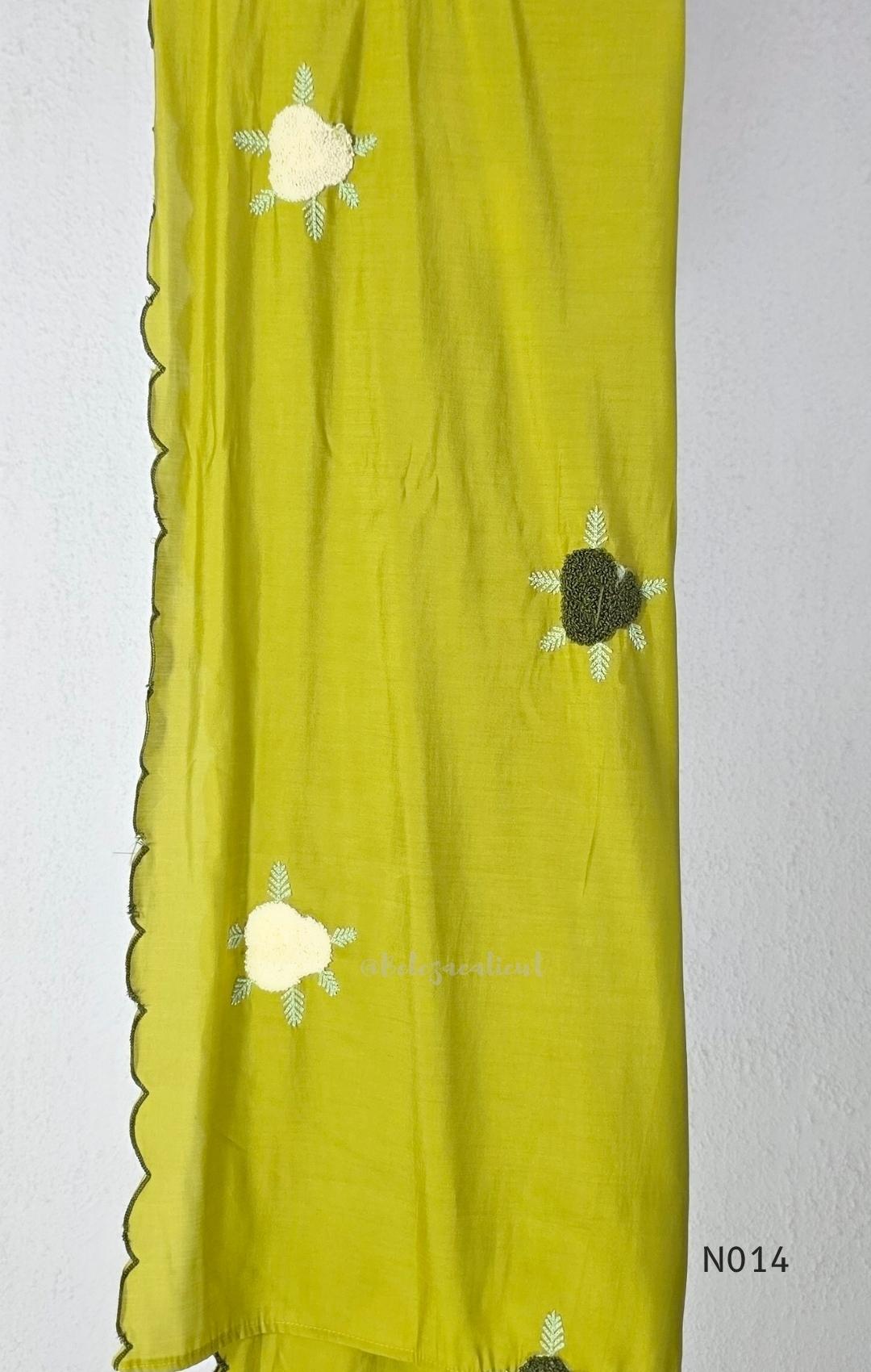 Yellow-toned lime green Mul Chanderi three-piece churidar set with a pleated V-neck kurta, floral and lattice embroidery, straight pants and a floral dupatta. - view 5