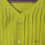 Yellow-toned lime green Mul Chanderi three-piece churidar set with a pleated V-neck kurta, floral and lattice embroidery, straight pants and a floral dupatta. - view 7