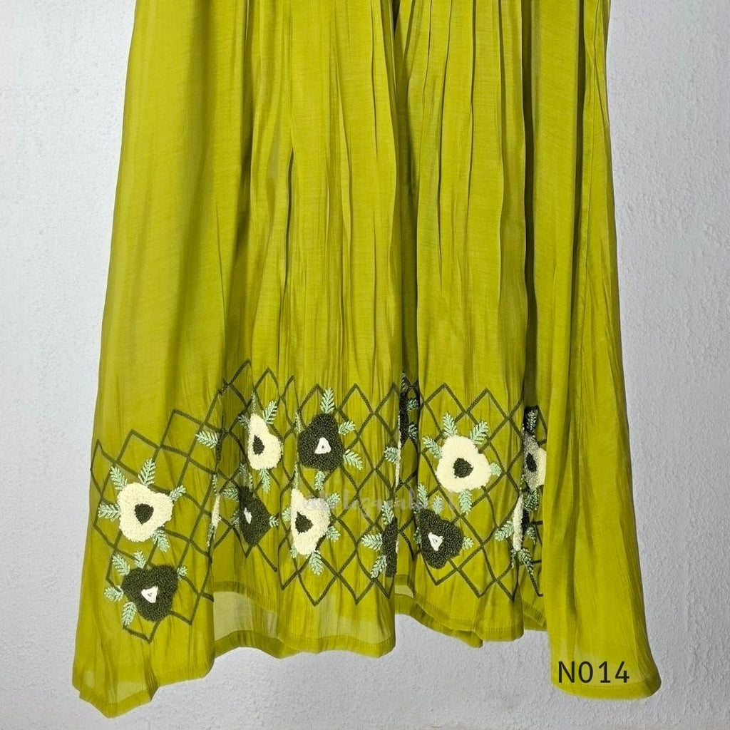 Yellow-toned lime green Mul Chanderi three-piece churidar set with a pleated V-neck kurta, floral and lattice embroidery, straight pants and a floral dupatta. - view 8
