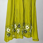 Yellow-toned lime green Mul Chanderi three-piece churidar set with a pleated V-neck kurta, floral and lattice embroidery, straight pants and a floral dupatta. - view 8