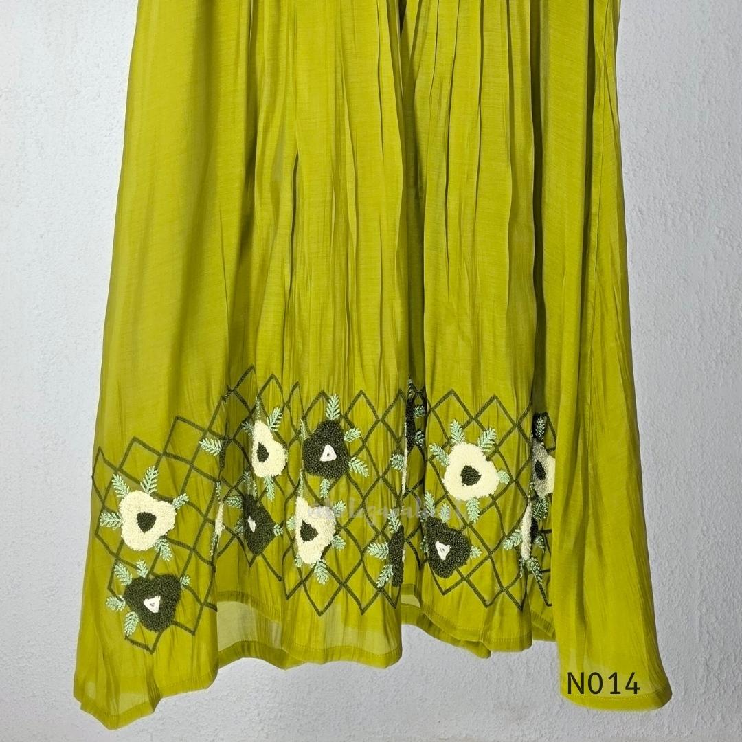 Yellow-toned lime green Mul Chanderi three-piece churidar set with a pleated V-neck kurta, floral and lattice embroidery, straight pants and a floral dupatta. - view 8