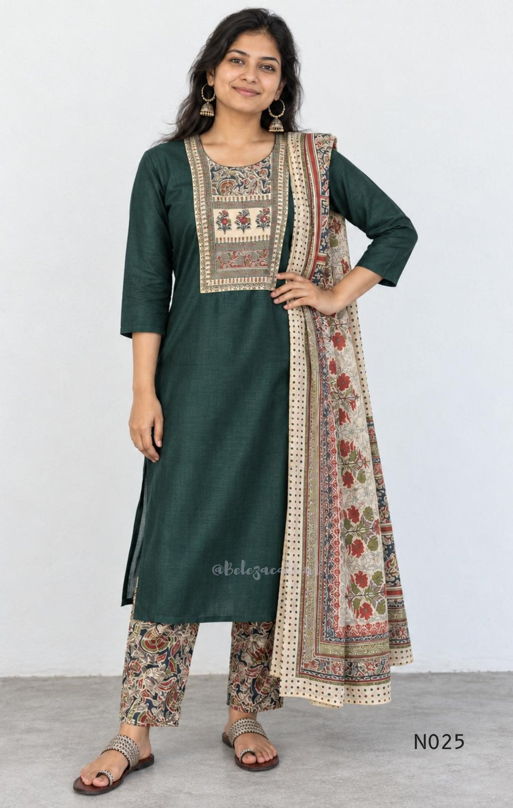 Bottle green Chanderi-blend churidar set with a printed yoke, patterned cotton straight pants and a printed cotton dupatta.