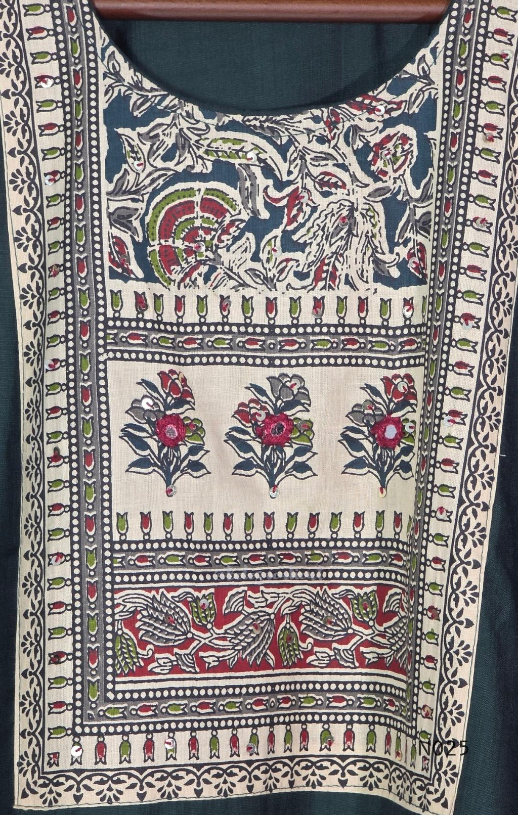 Bottle green Chanderi-blend churidar set with a printed yoke, patterned cotton straight pants and a printed cotton dupatta. - view 3