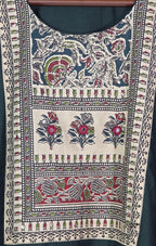 Bottle green Chanderi-blend churidar set with a printed yoke, patterned cotton straight pants and a printed cotton dupatta. - view 3