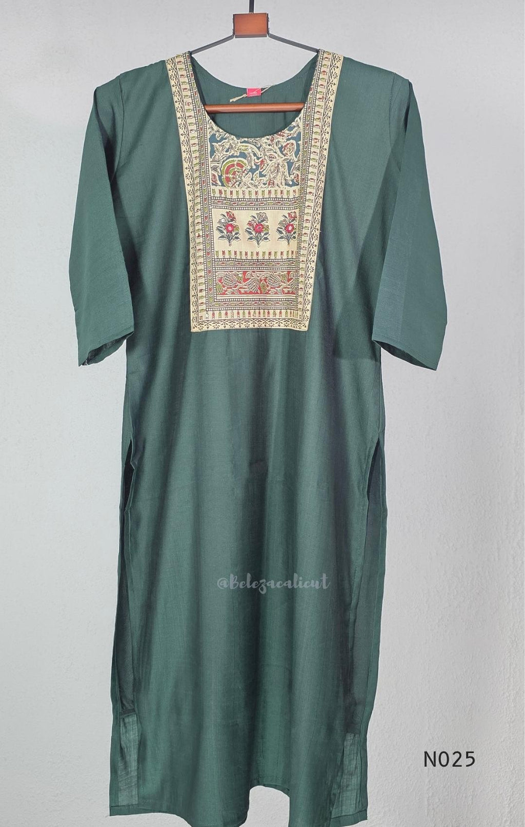 Bottle green Chanderi-blend churidar set with a printed yoke, patterned cotton straight pants and a printed cotton dupatta. - view 4