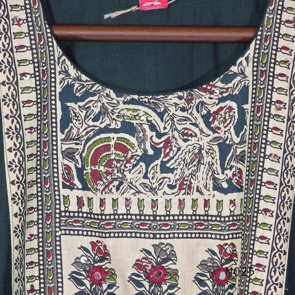 Bottle green Chanderi-blend churidar set with a printed yoke, patterned cotton straight pants and a printed cotton dupatta. - view 7