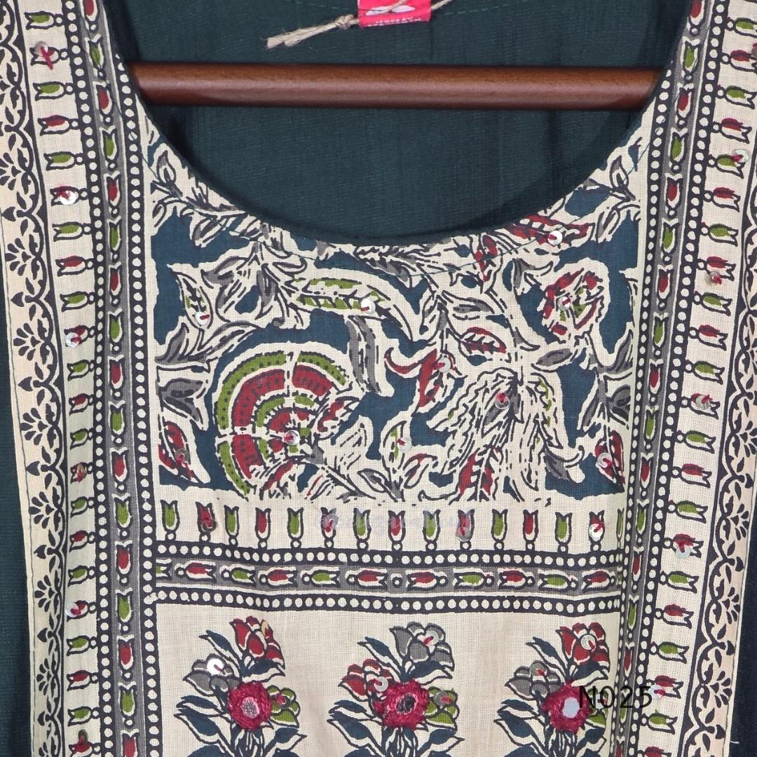 Bottle green Chanderi-blend churidar set with a printed yoke, patterned cotton straight pants and a printed cotton dupatta. - view 7