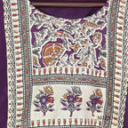 Grape-purple Chanderi silk-blend churidar set with a cream printed yoke, patterned cotton straight pants and a floral cotton dupatta.