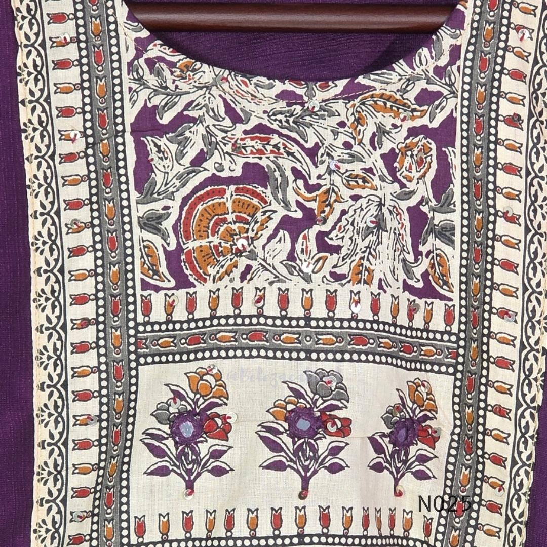 Grape-purple Chanderi silk-blend churidar set with a cream printed yoke, patterned cotton straight pants and a floral cotton dupatta.