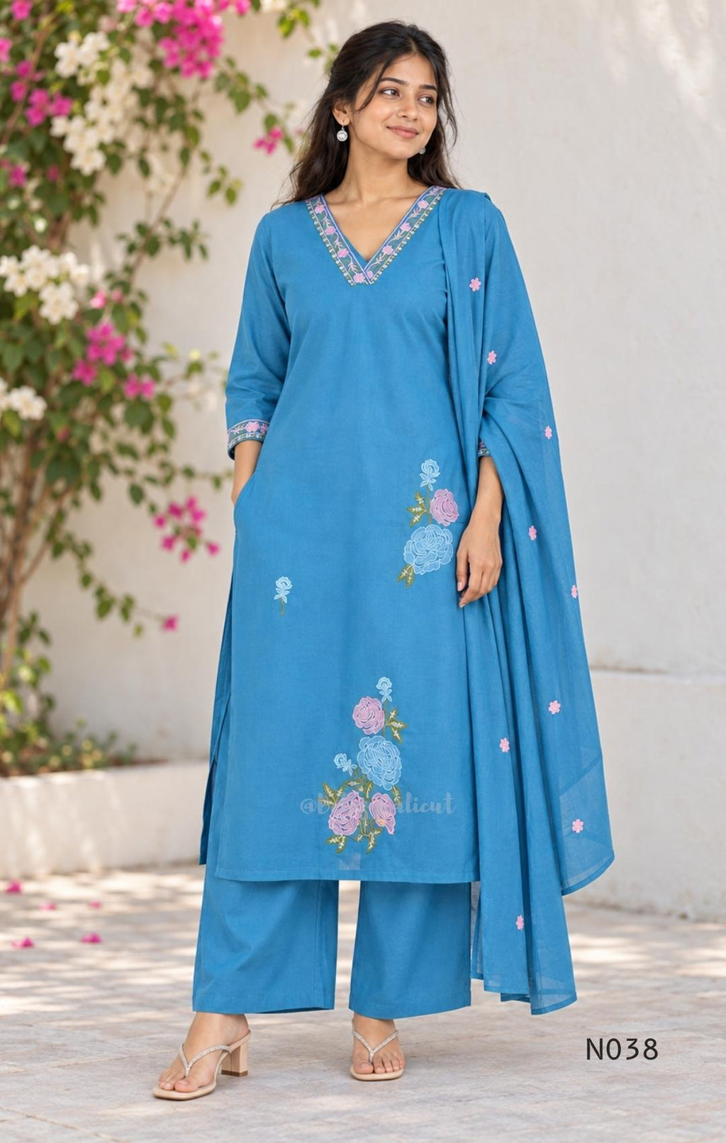 Blue Cotton Floral Embroidered Churidar Set