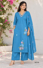 Blue Cotton Floral Embroidered Churidar Set