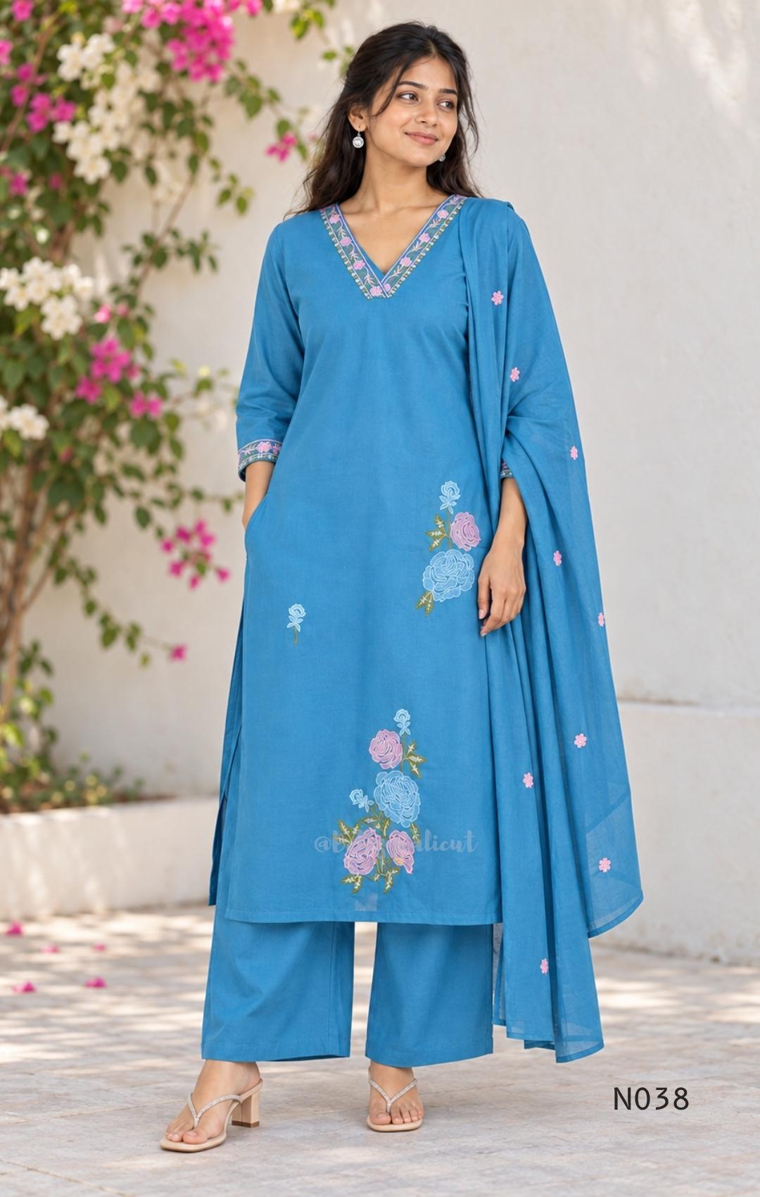 Blue Cotton Floral Embroidered Churidar Set
