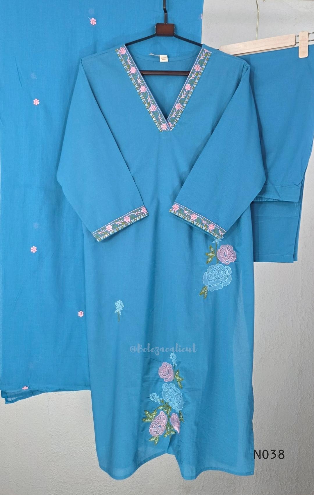 Blue Cotton Floral Embroidered Churidar Set