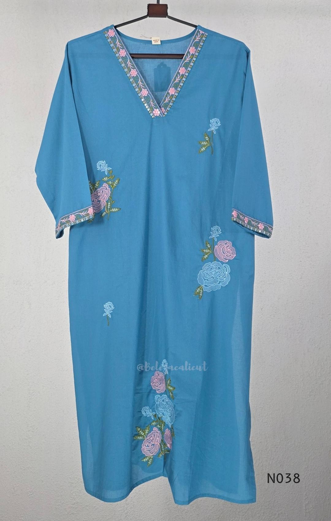Blue Cotton Floral Embroidered Churidar Set