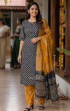 Navy blue chanderi silk churidar set with all-over cream polka dot block print, straight cut kurti with round neck and 3/4 sleeves, paired with plain mustard churidar bottom and mustard-navy dual-tone block print dupatta with tassel border, Indian ethnic wear from Beleza Calicut