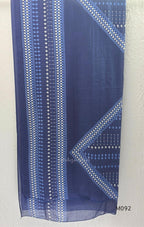 Deep navy blue cotton-blend churidar set with geometric print, embroidered V-neckline, plain wide straight bottom and printed dupatta.