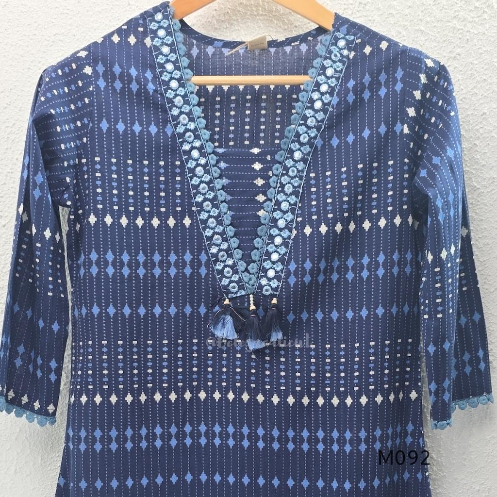 Deep navy blue cotton-blend churidar set with geometric print, embroidered V-neckline, plain wide straight bottom and printed dupatta.