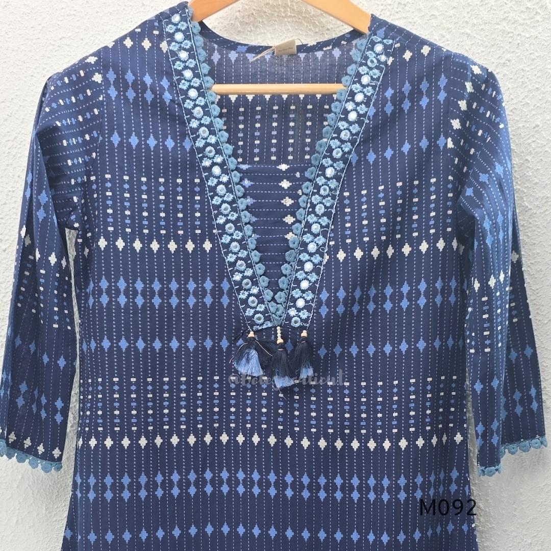 Deep navy blue cotton-blend churidar set with geometric print, embroidered V-neckline, plain wide straight bottom and printed dupatta.
