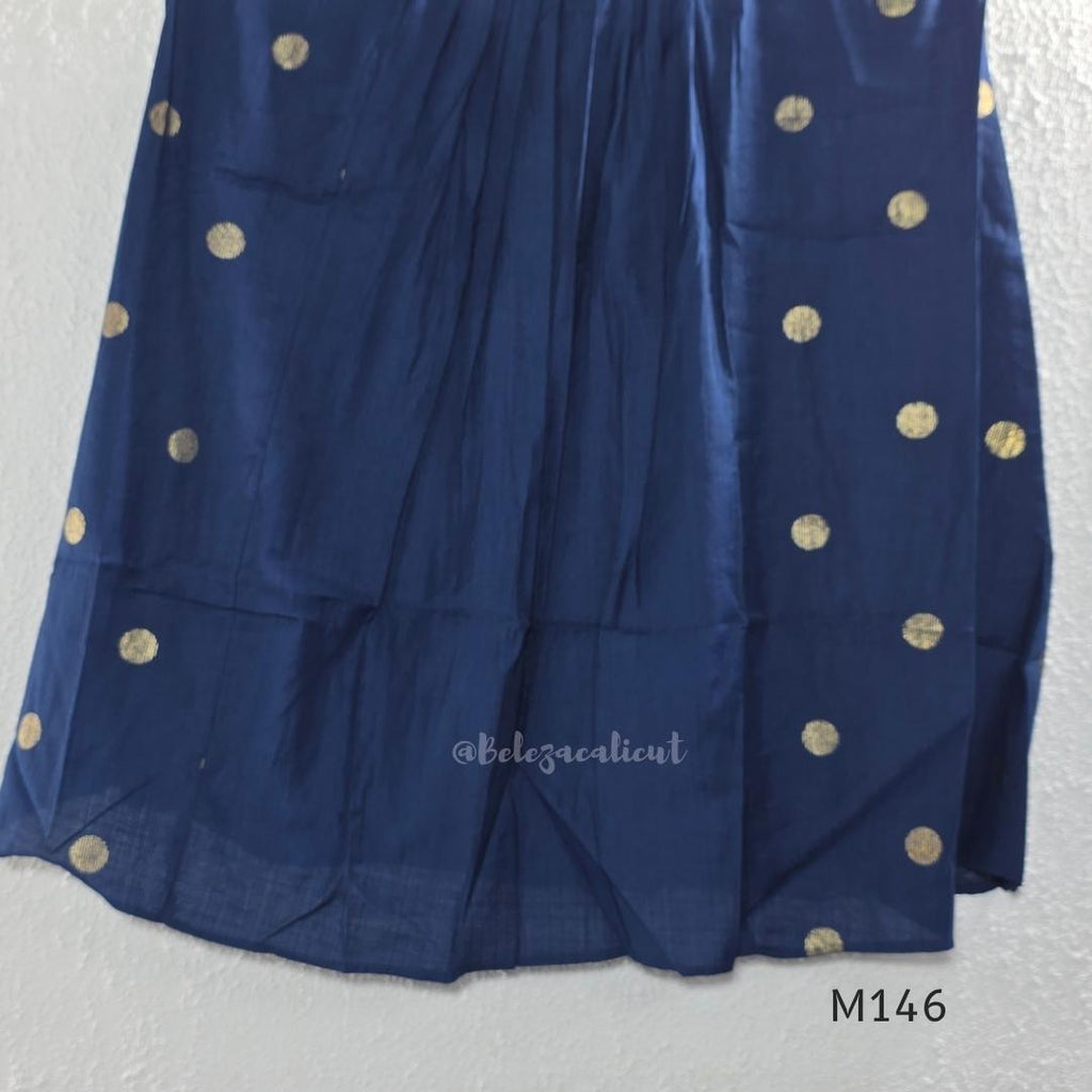 Navy blue Vertigan silk top and pant co-ord set with centre pleats and metallic gold circular side motifs.
