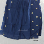 Navy blue Vertigan silk top and pant co-ord set with centre pleats and metallic gold circular side motifs.