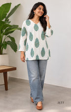 Off-white cotton short top with green-teal paisley print, sold as a top-only style at Beleza, Mankavu, Calicut.