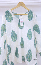 Off-white cotton short top with green-teal paisley print, sold as a top-only style at Beleza, Mankavu, Calicut.