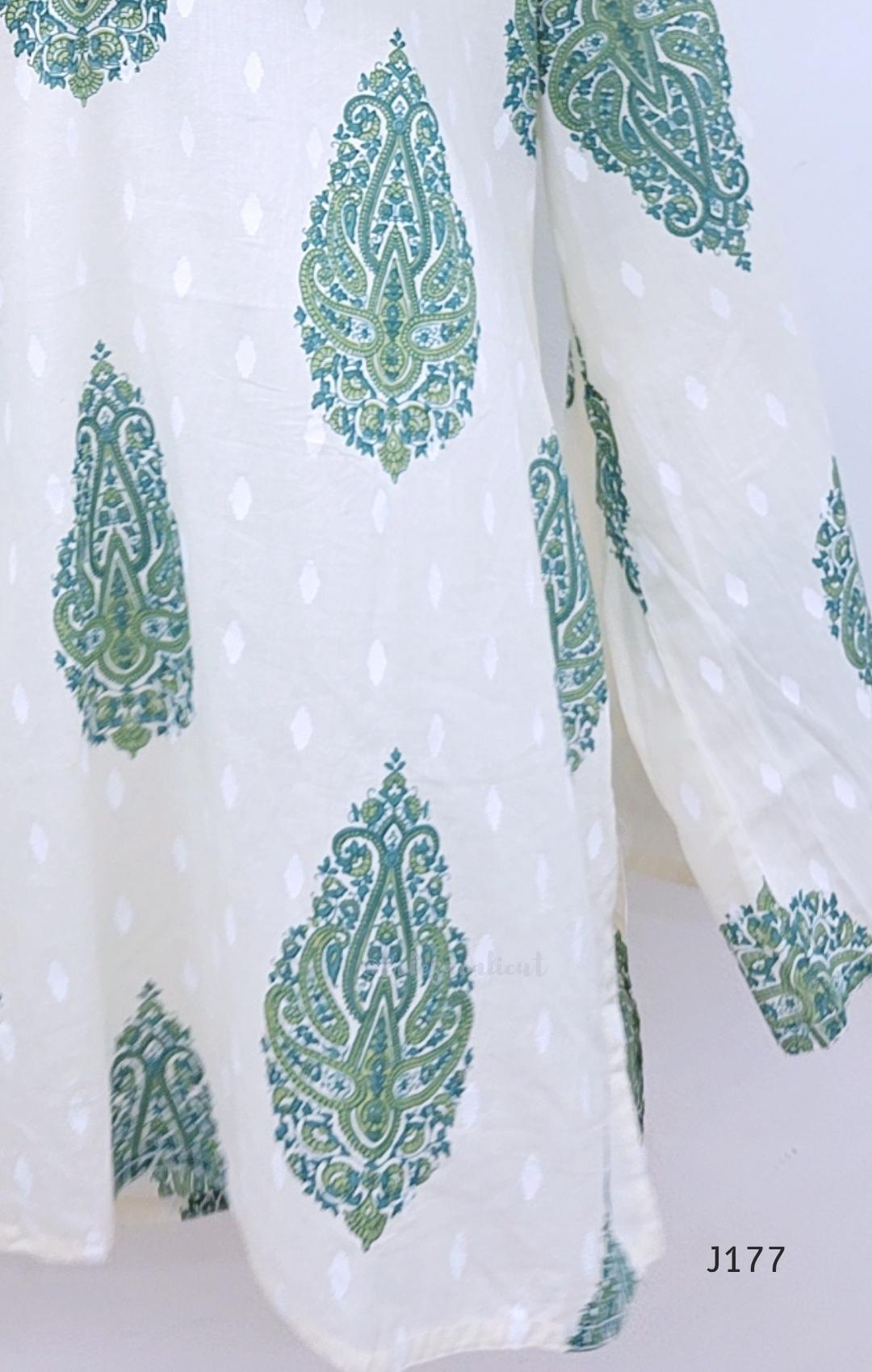 Off-white cotton short top with green-teal paisley print, sold as a top-only style at Beleza, Mankavu, Calicut.