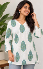 Off-white cotton short top with green-teal paisley print, sold as a top-only style at Beleza, Mankavu, Calicut.