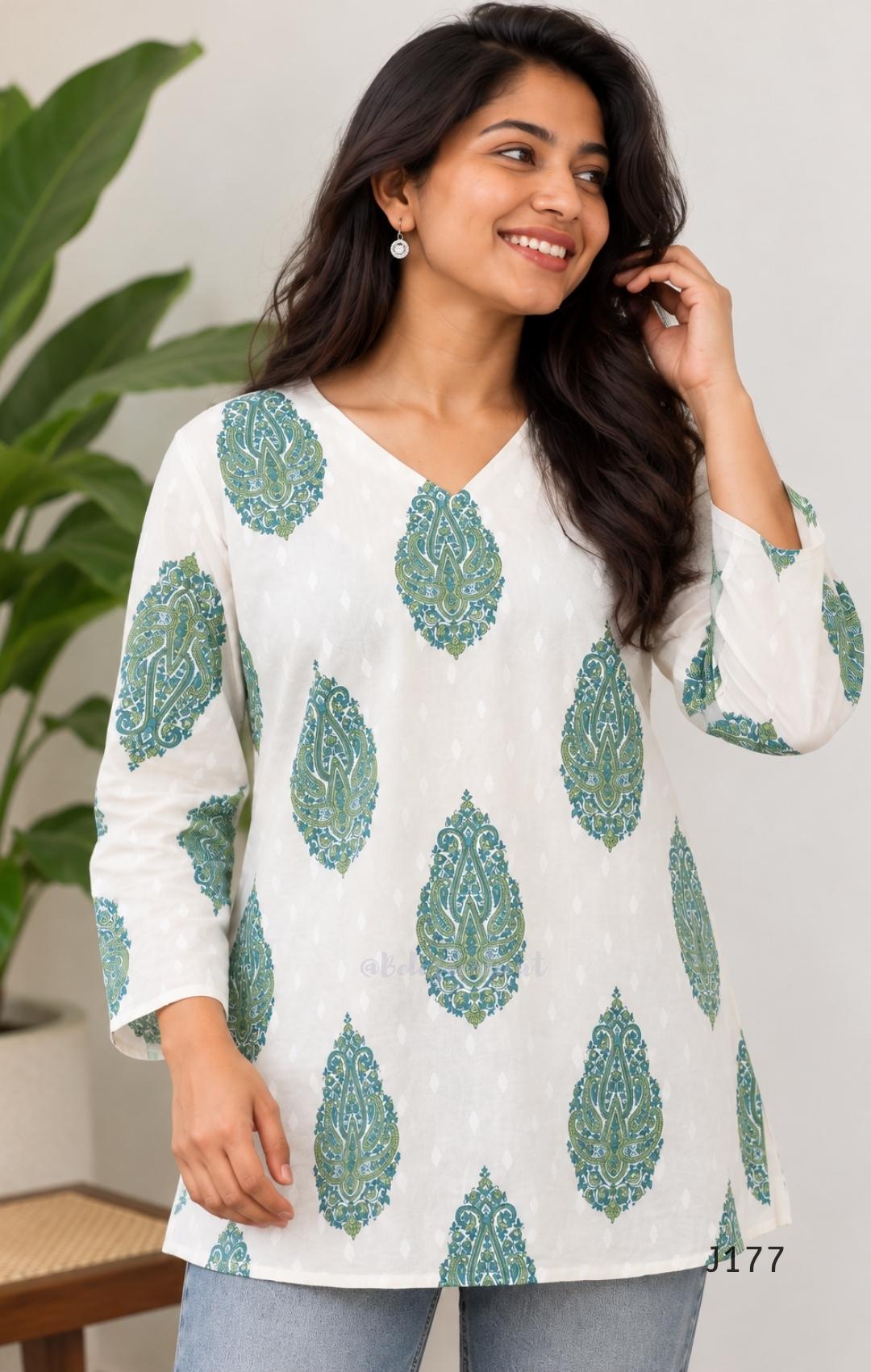 Off-white cotton short top with green-teal paisley print, sold as a top-only style at Beleza, Mankavu, Calicut.