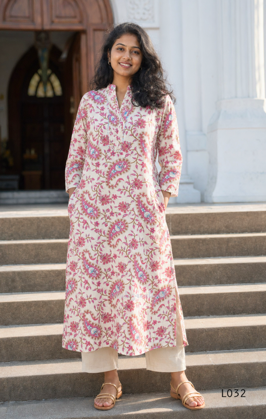 Off-white pure cotton kurti set with pink paisley floral print and matching cotton bottom, available at Beleza Calicut Kerala.