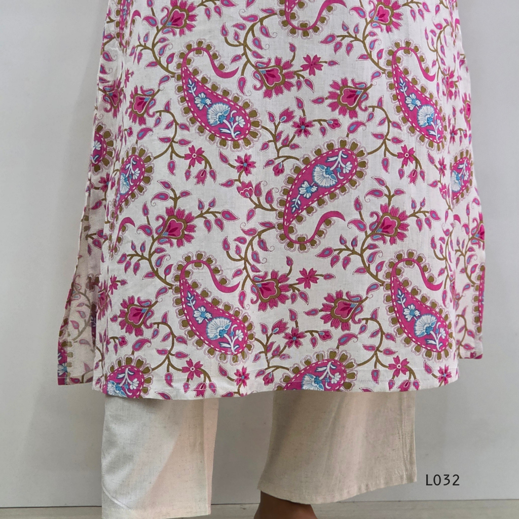 Off-white pure cotton kurti set with pink paisley floral print and matching cotton bottom, available at Beleza Calicut Kerala.