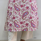 Off-white pure cotton kurti set with pink paisley floral print and matching cotton bottom, available at Beleza Calicut Kerala.
