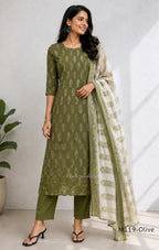 Olive green Cotton Silk churidar set with printed motifs, embroidered floral hem and cream-and-olive printed dupatta.