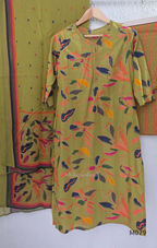 Olive green Jaipur cotton 3-piece churidar set with multicolour floral print, contrast dupatta, and printed straight bottom.