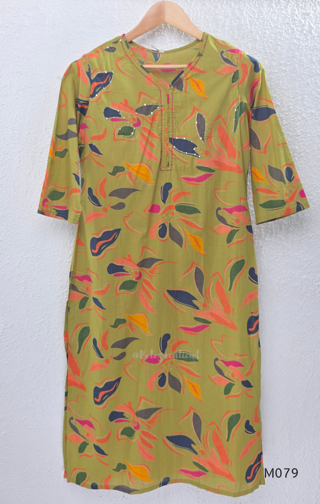 Olive green Jaipur cotton 3-piece churidar set with multicolour floral print, contrast dupatta, and printed straight bottom.