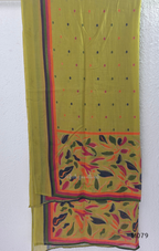 Olive green Jaipur cotton 3-piece churidar set with multicolour floral print, contrast dupatta, and printed straight bottom.