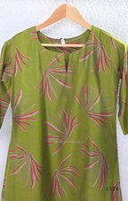Olive green silk blend 2-piece kurti set with pink and beige leaf print, short sleeve A-line kurti and matching straight pant.