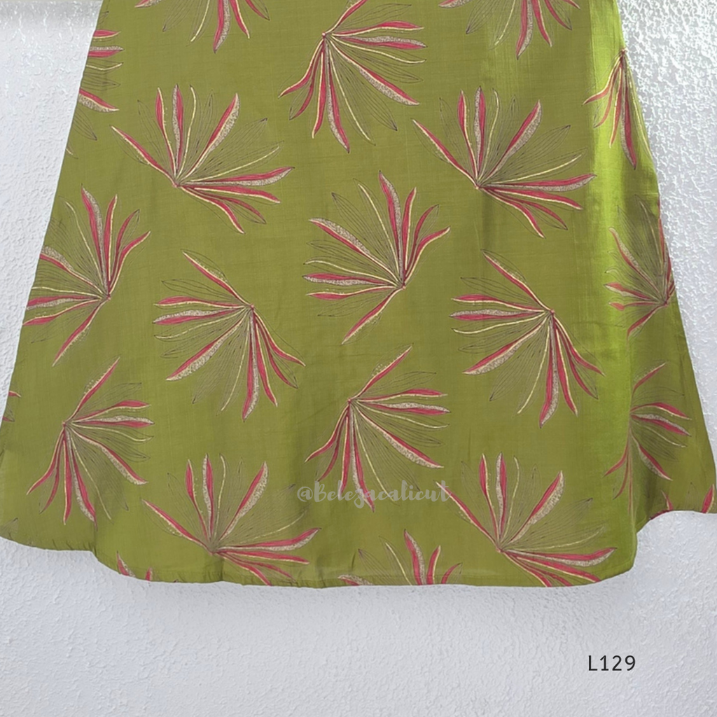 Olive green silk blend 2-piece kurti set with pink and beige leaf print, short sleeve A-line kurti and matching straight pant.