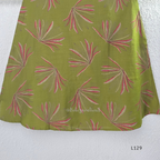 Olive green silk blend 2-piece kurti set with pink and beige leaf print, short sleeve A-line kurti and matching straight pant.